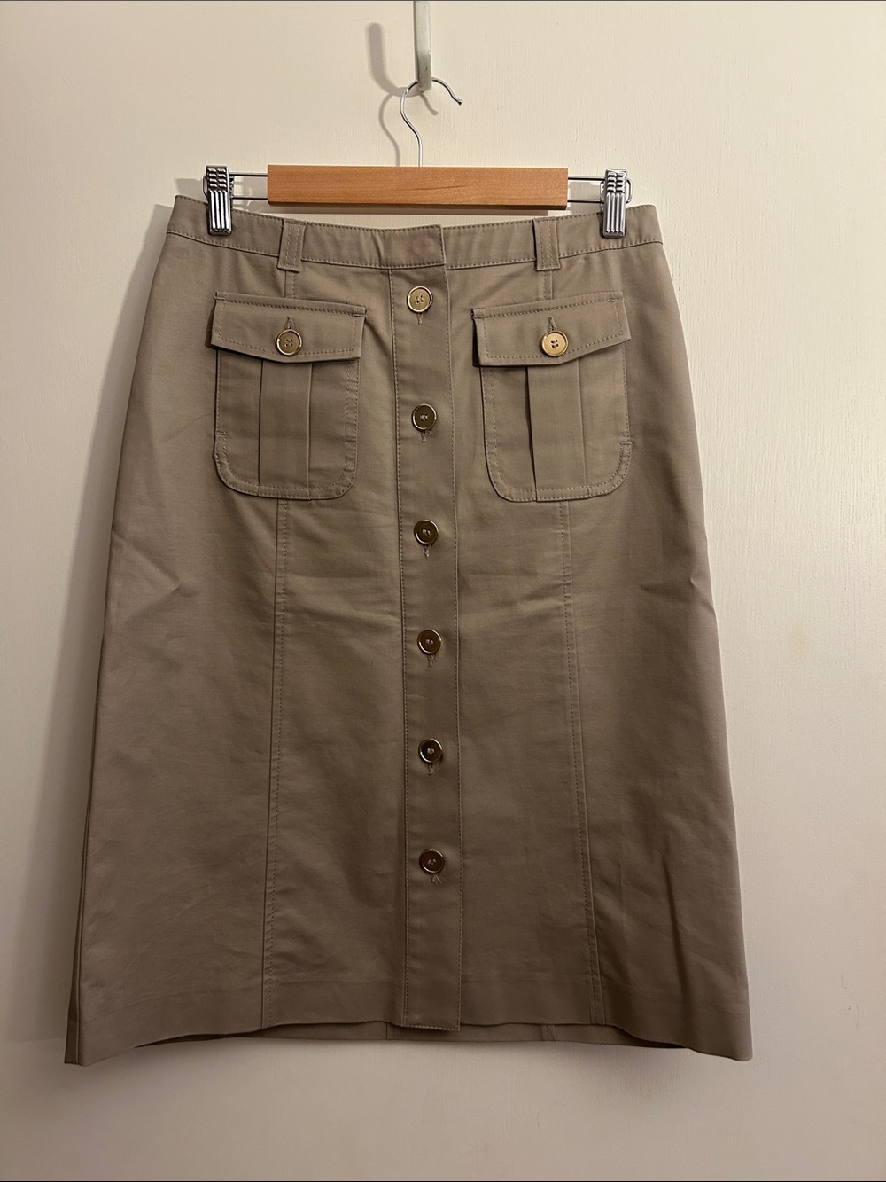 Reiss Neutral Khaki Button-Front Midi Skirt with Patch Pockets